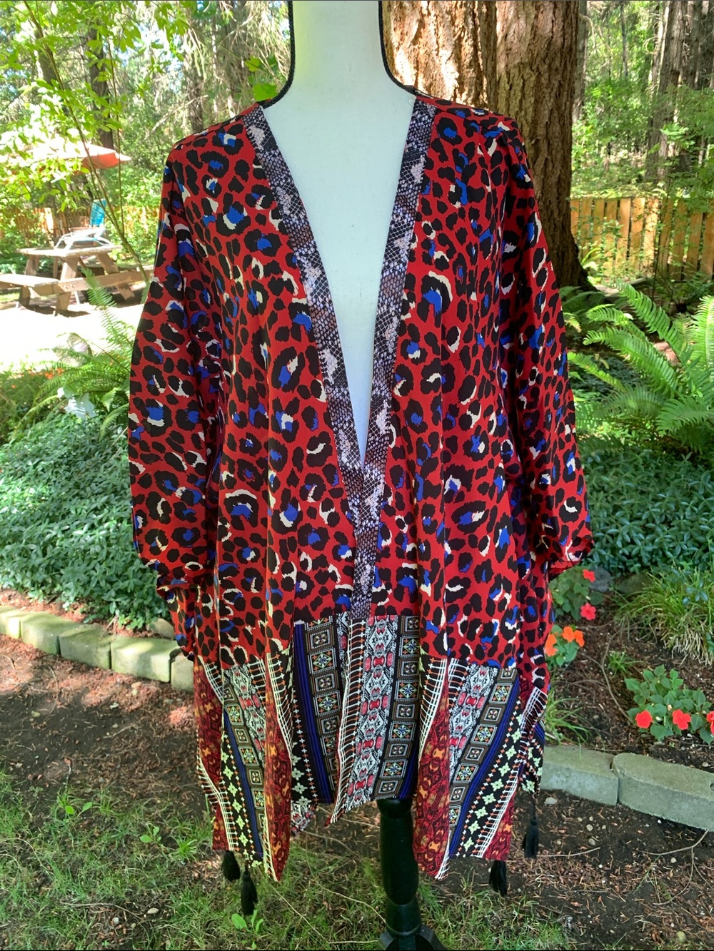 Umgee Red Leopard & Multi-Pattern Kimono NWT